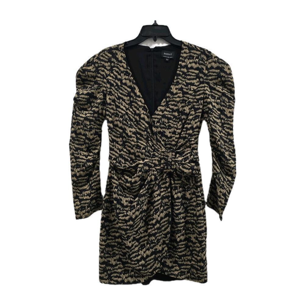 Bardot Animal Print Tracey Twist Black Puff Long Sleeves Mini Wrap Dress Size S - Picture 4 of 14